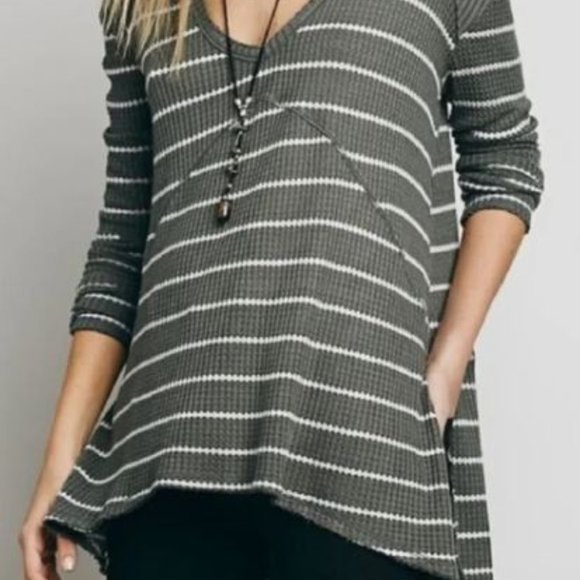 Free People Tops - Free People Sunset Park Sage Green Oversized Striped Waffle Thermal Tunic